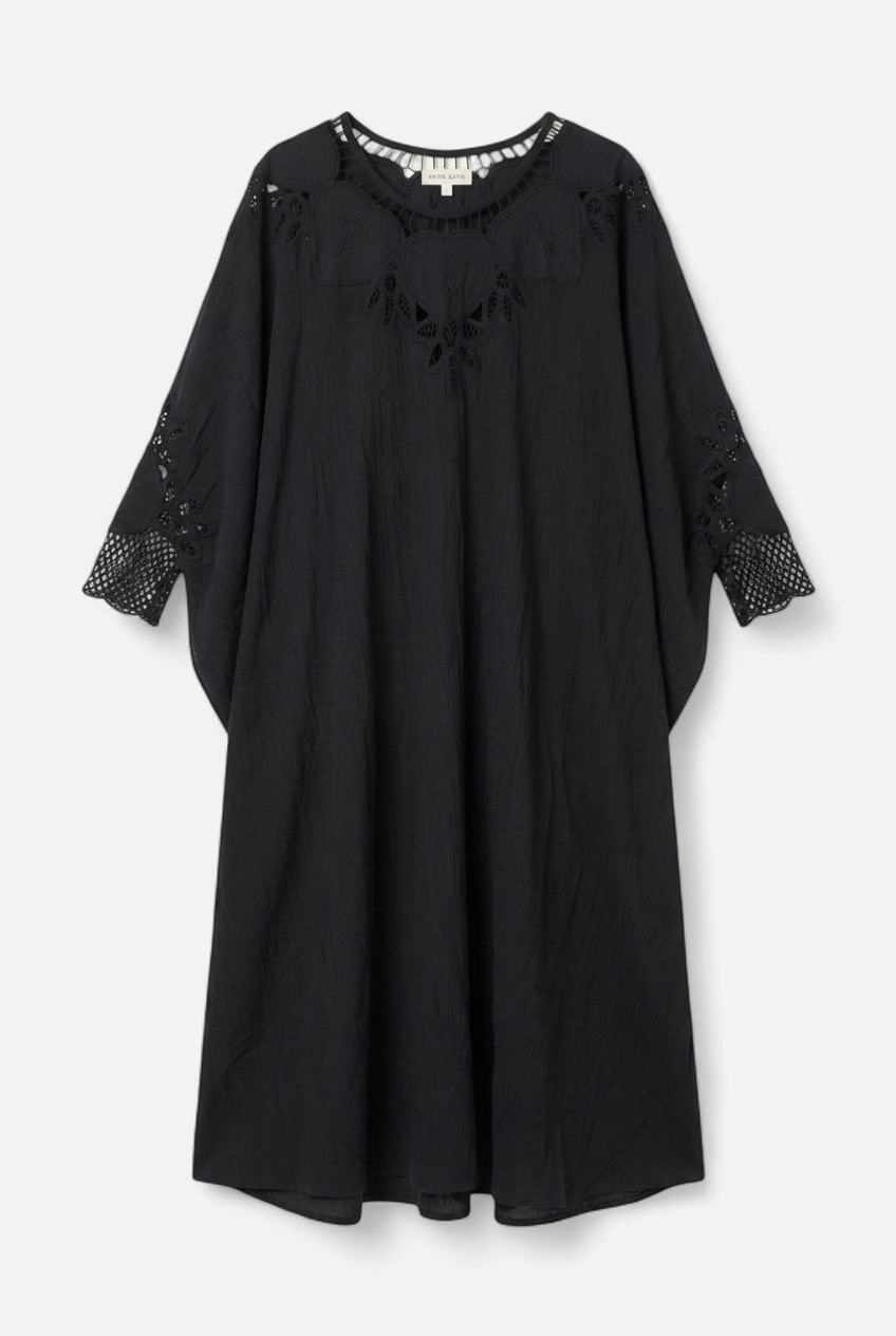 New black kaftan dress with broderie anglaise