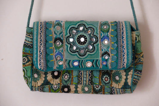 bolso de hombro de algodón bordado cuentas lentejuelas y cuero