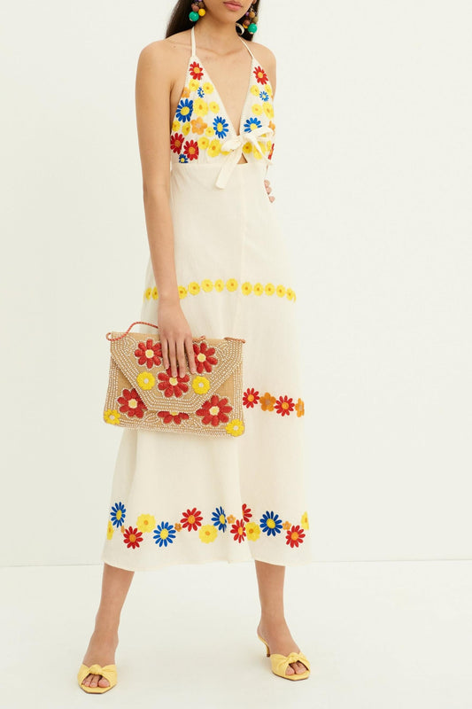 Julie Embroidered Strapped Dress - Cream