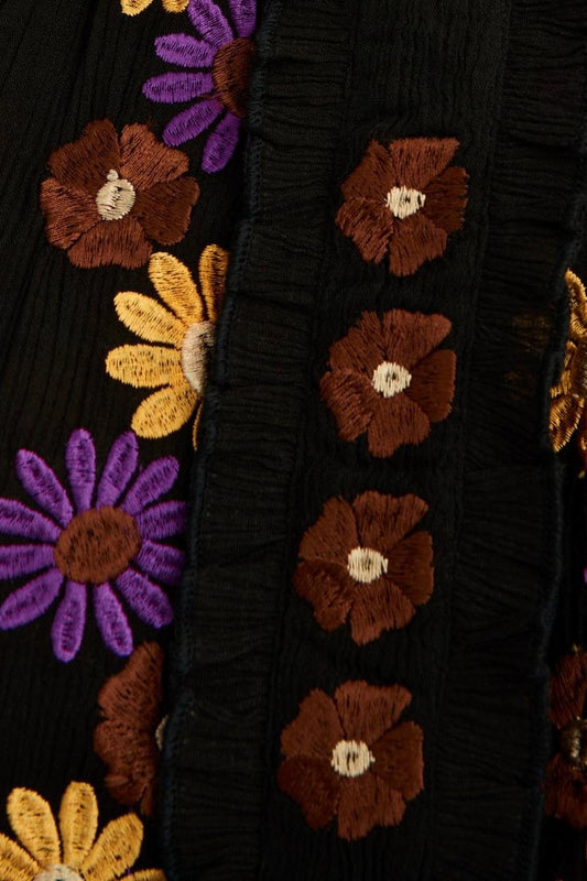 Julie Puff Sleeve Embroidered Blouse - Black