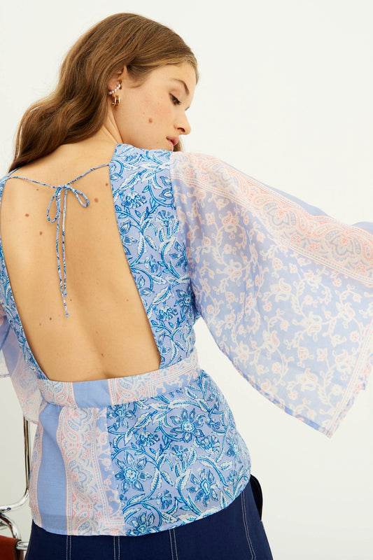 Iloni Printed Silk Top - Blue