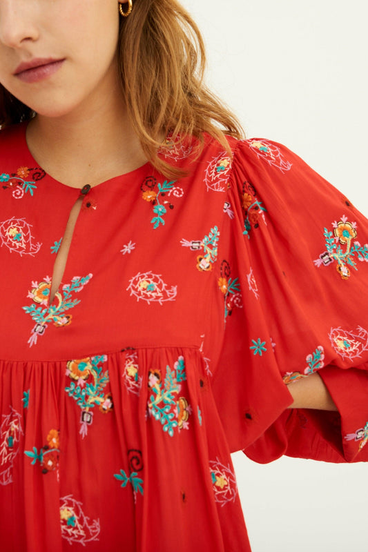Houla Embroidered Flowing Short Dress - Red