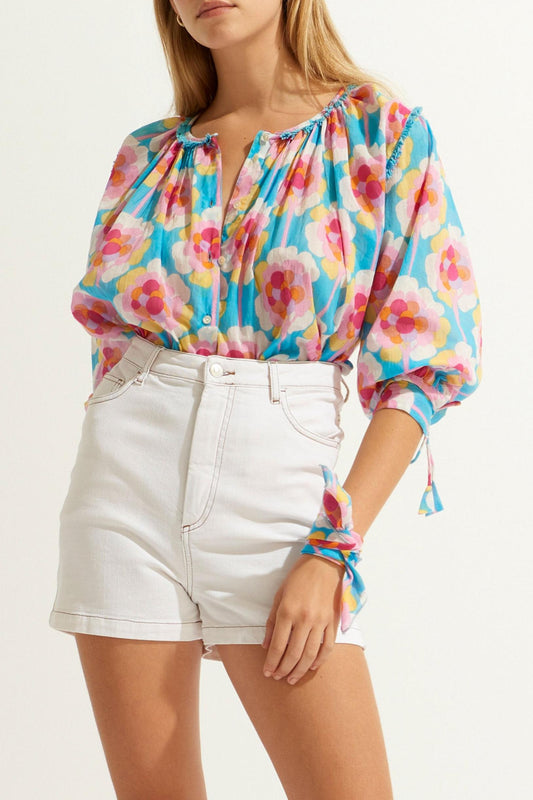 Flowy Printed Blouse - Blue