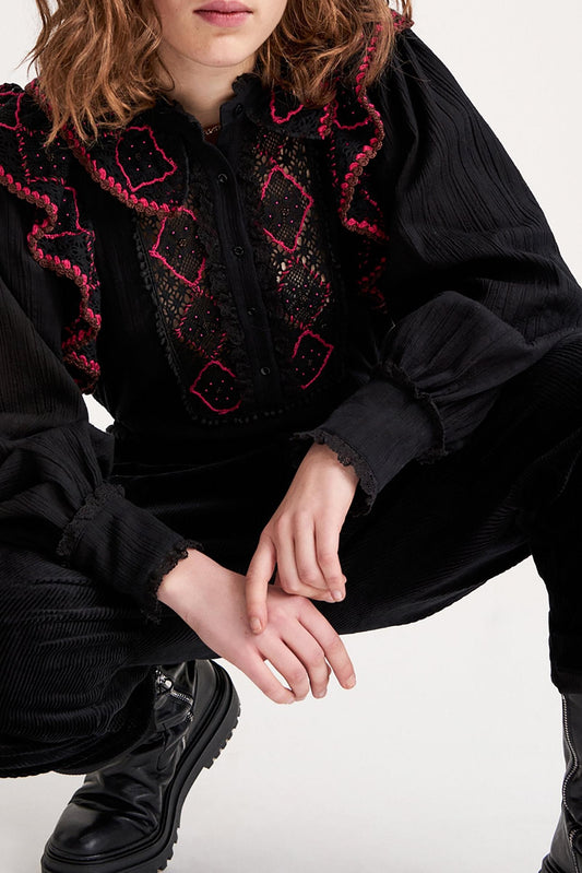 Lucie Embroidered Crochet Blouse - Black