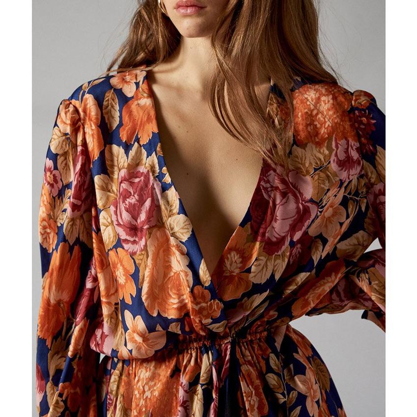 Camille Floral Print Wrap Dress - Navy Blue