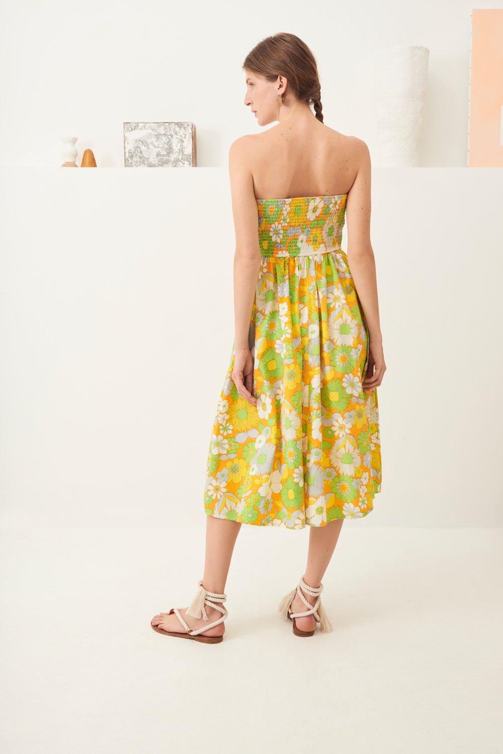 Lorette Strapless Midi Dress - Yellow