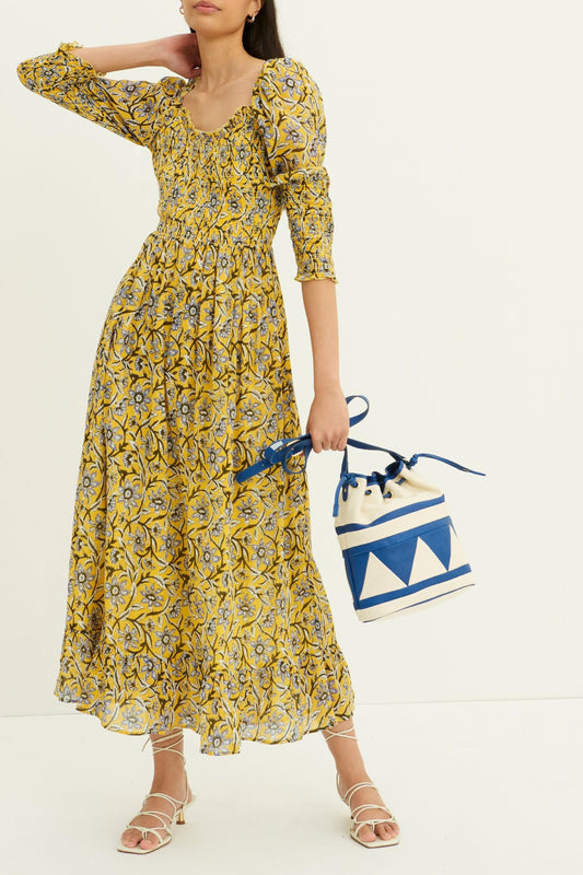 Vestido largo fruncido María - Amarillo