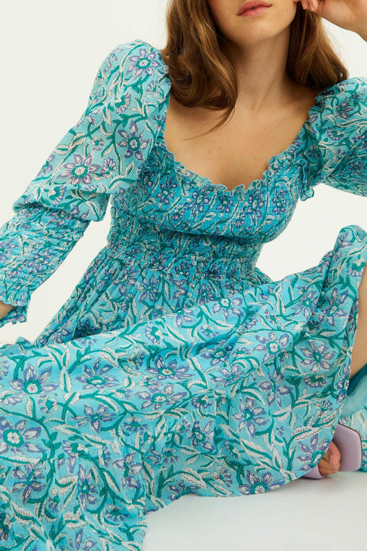 Vestido largo fruncido María - Azul