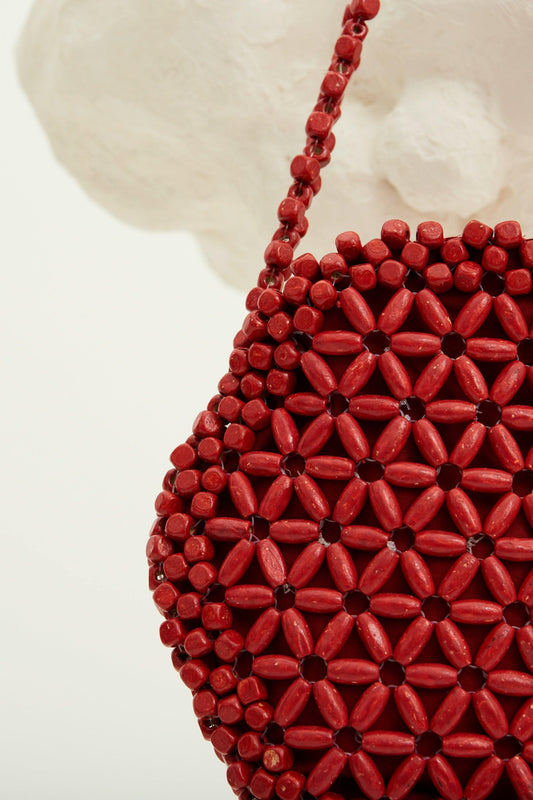 Bolsa redonda de cuentas de madera de Mali - Roja