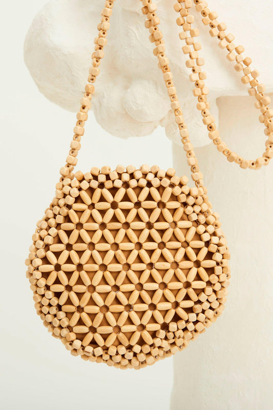 Bolsa redonda de cuentas de madera de Mali - Natural