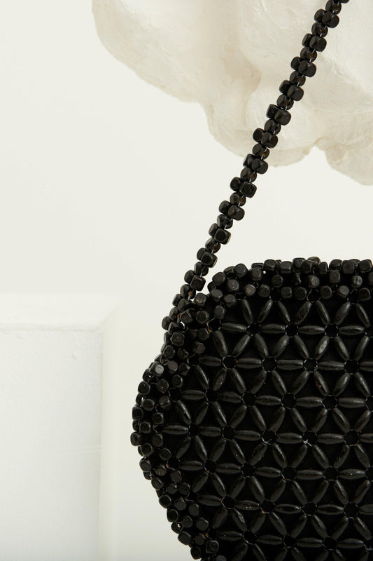 Bolso redondo de cuentas de madera de Mali - Negro