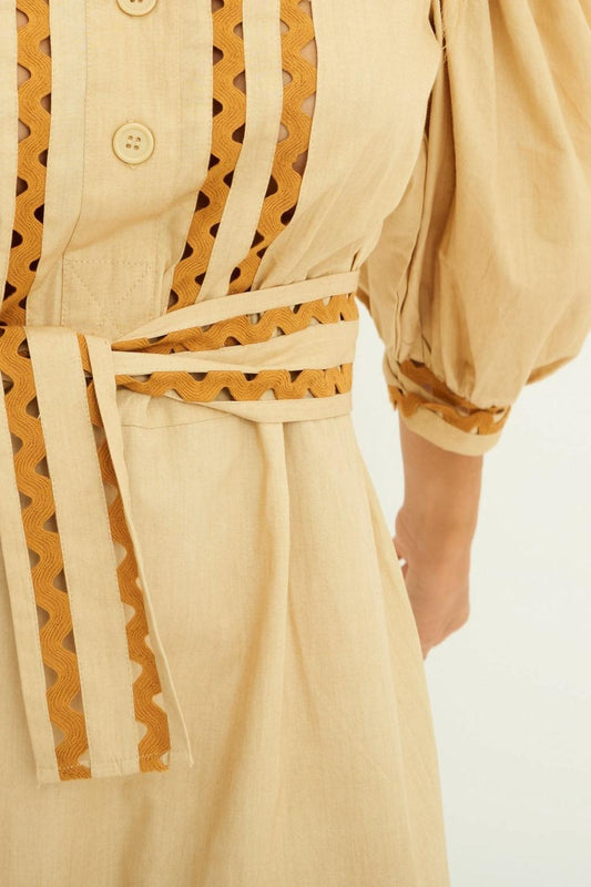 Vestido midi de popelina Mali con mangas abullonadas - Beige