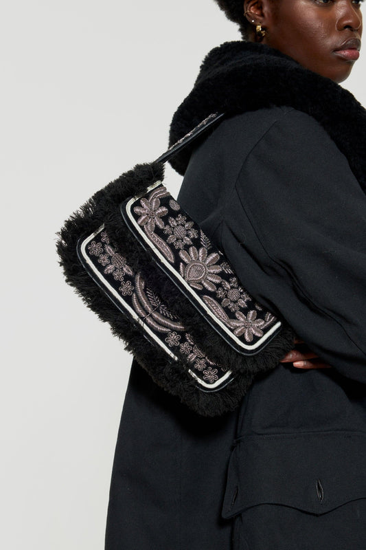Zari embroidered velvet baguette bag