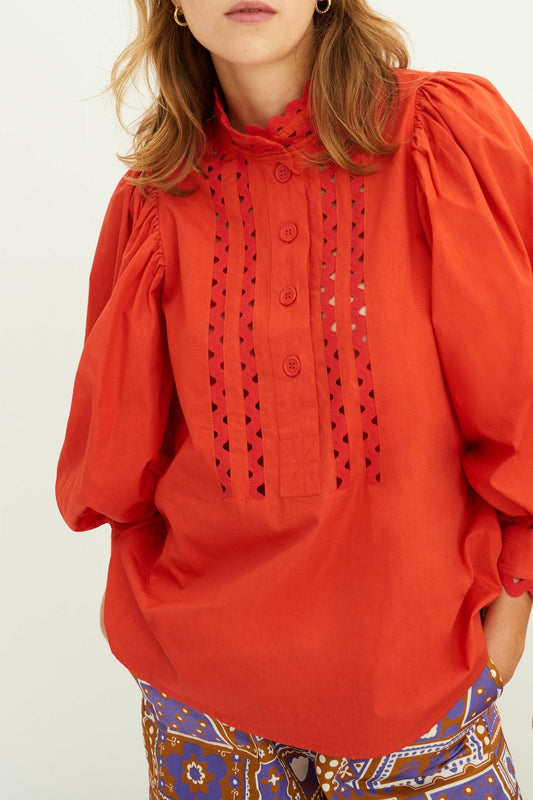 Blusa Mali Popelina con Mangas Abullonadas - Roja