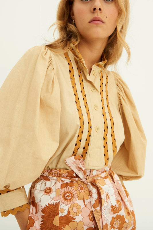 Blusa Mali de popelina con mangas abullonadas - Beige