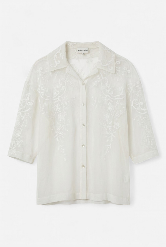 Victoria tee cream, embroidered sheer blouse