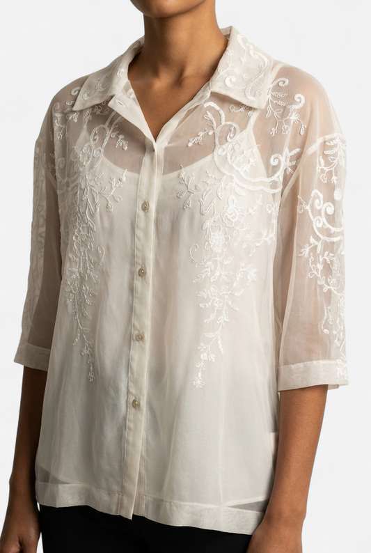 Victoria tee cream, embroidered sheer blouse