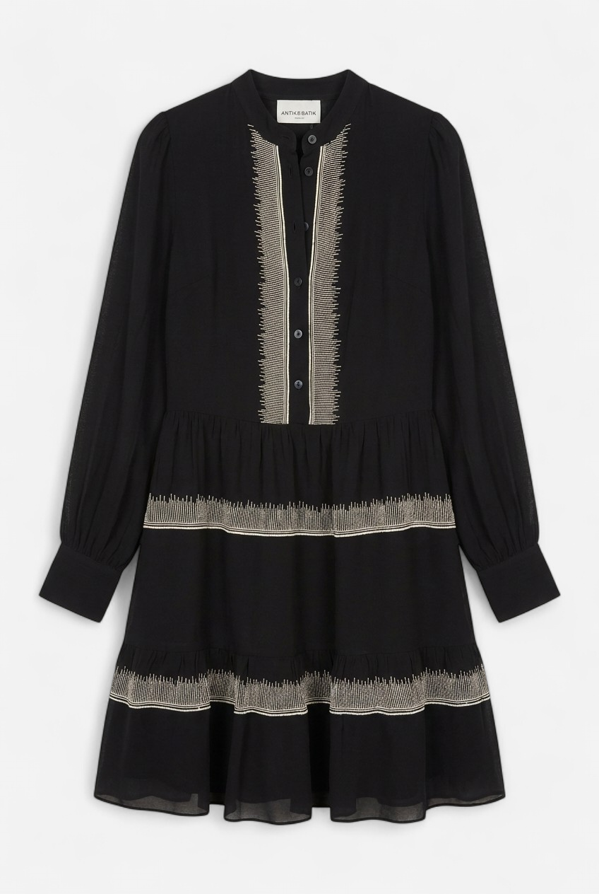 Black midi dress embroidered with silver threads