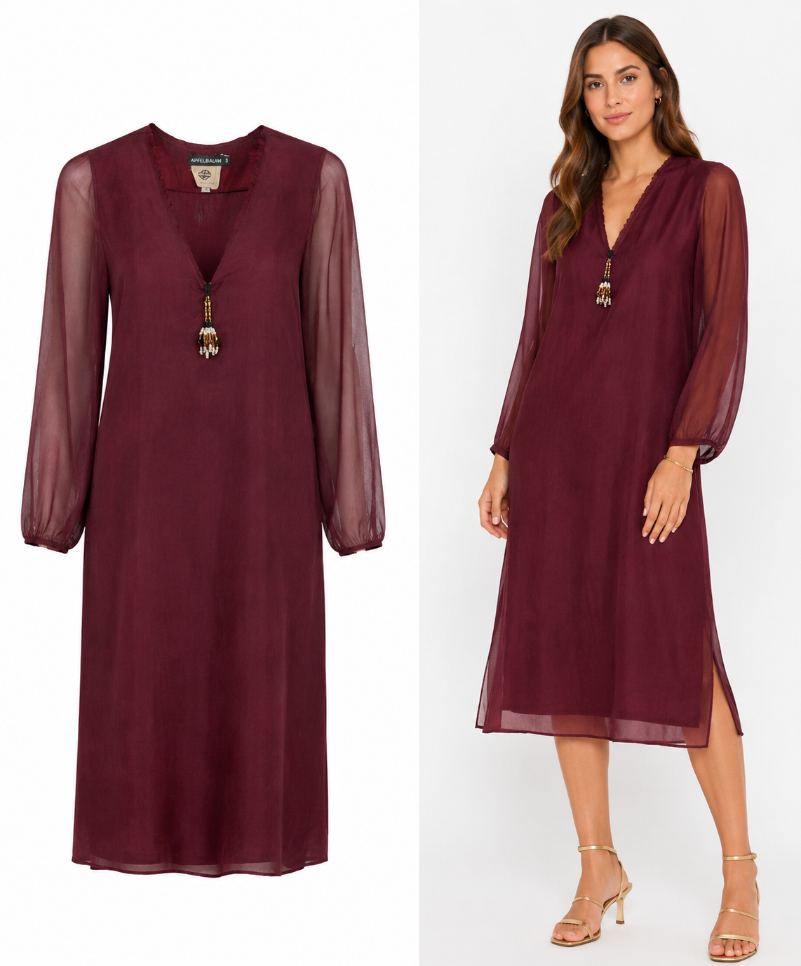 Vestido midi 100% seda color ciruela con joya en el escote