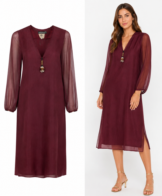 Vestido midi 100% seda color ciruela con joya en el escote
