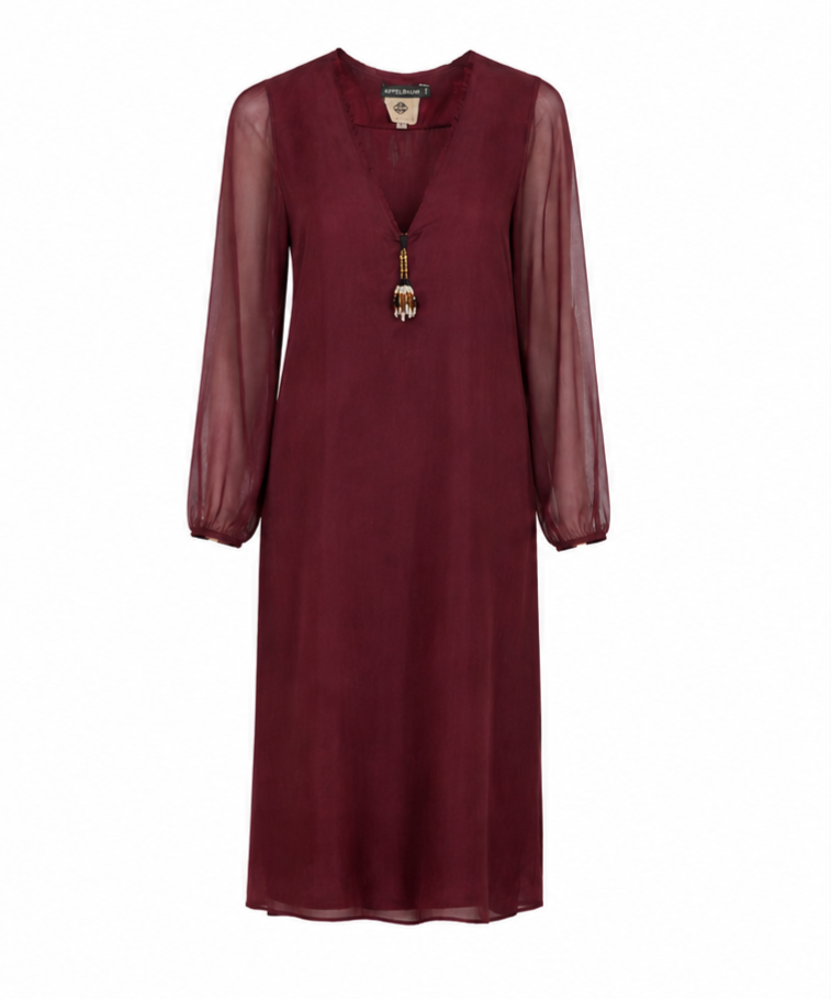 Mid-length 100% silk plum dress with jewel on neckline