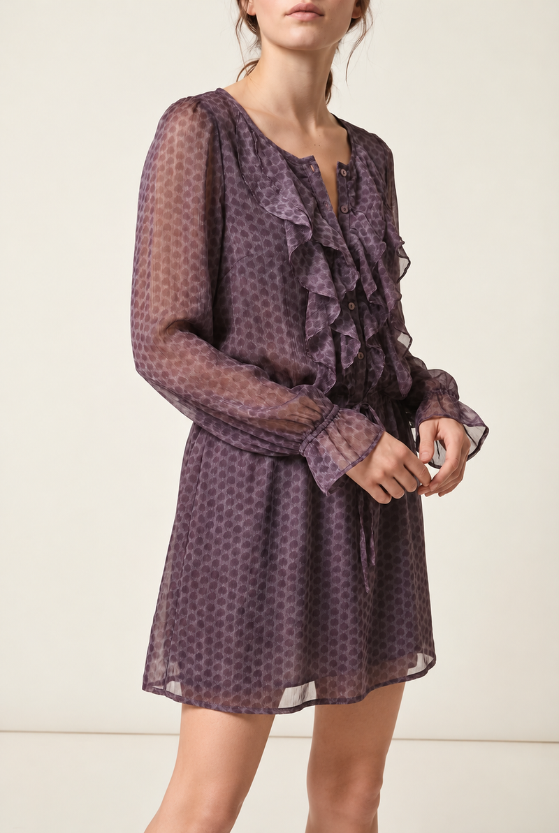 Robe en soie violette imprimé Oiseaux