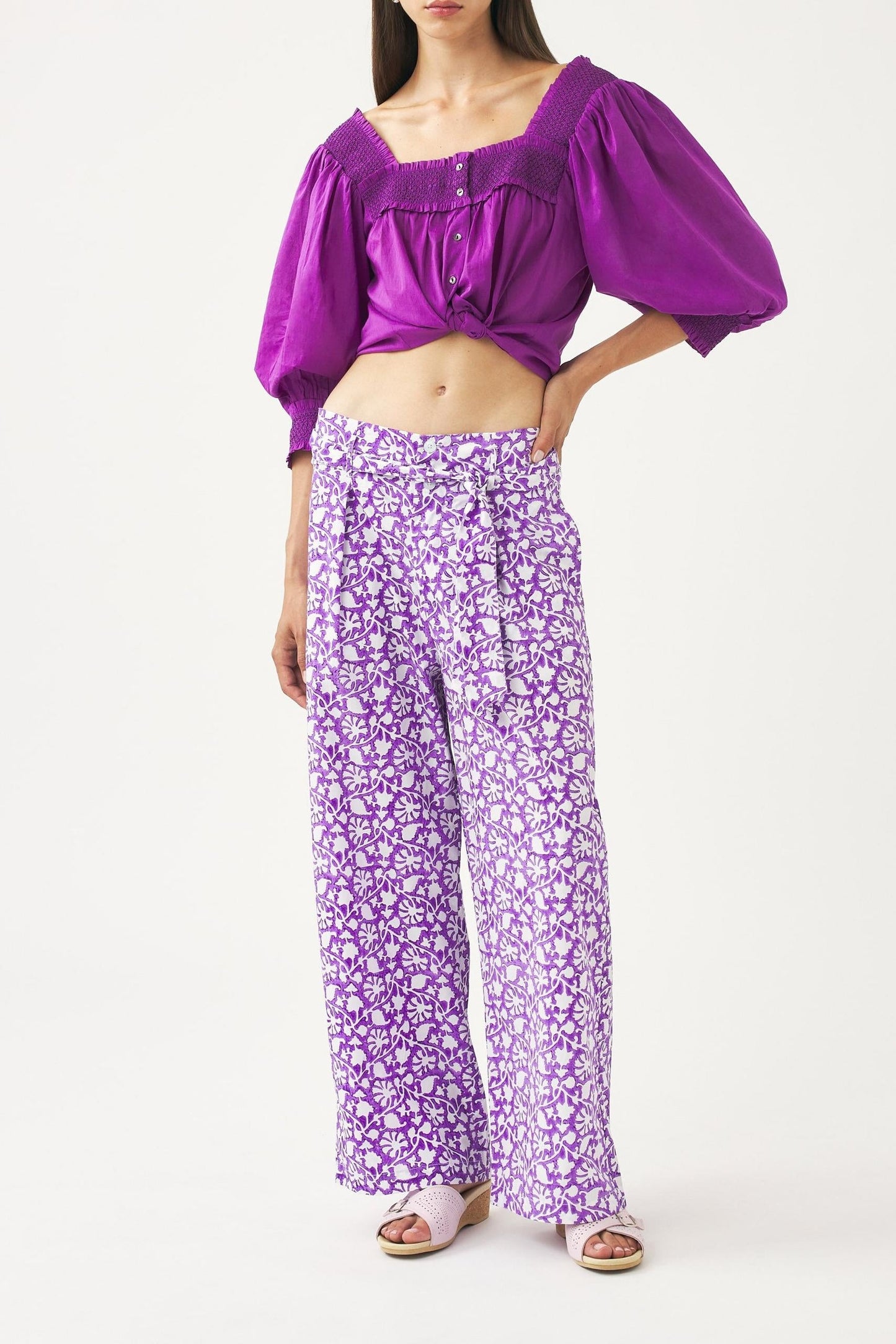 Squared-collar and smocked blouse Perrine