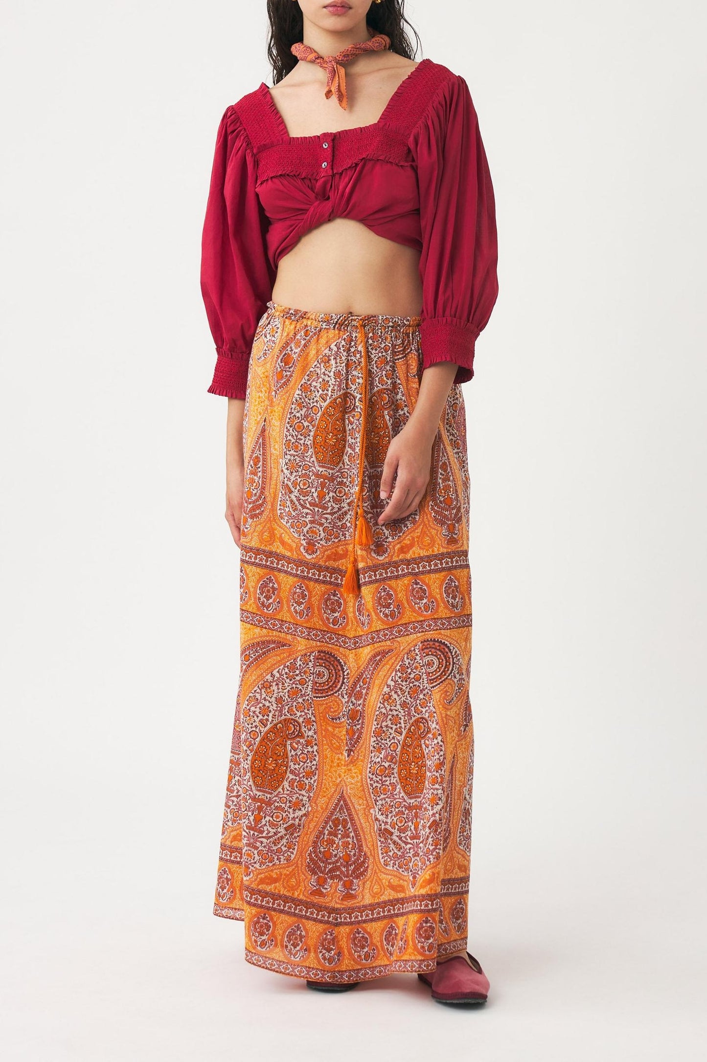 Squared-collar and smocked blouse Perrine
