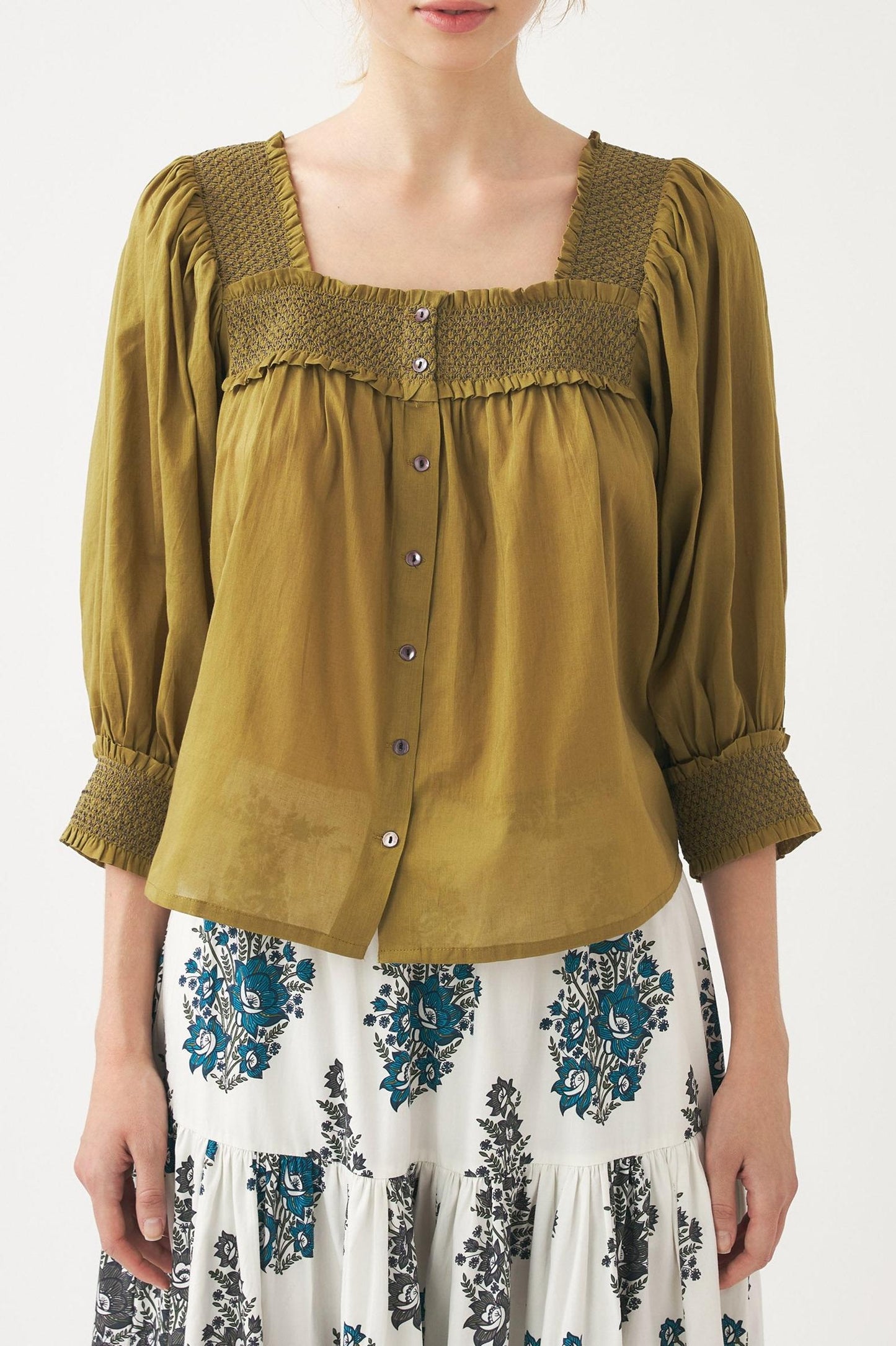 Blusa Perrine de cuello cuadrado y fruncido