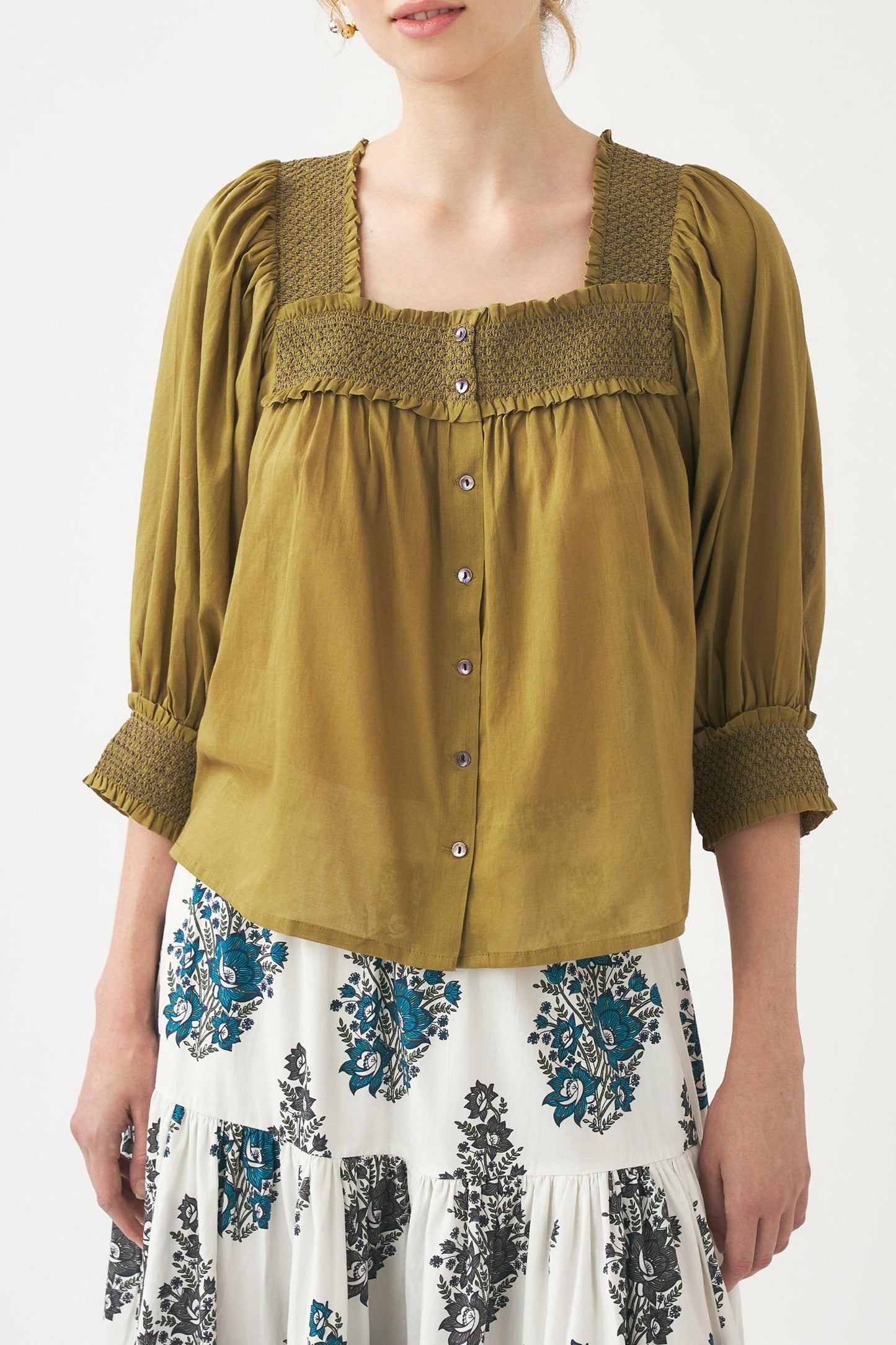 Blusa Perrine de cuello cuadrado y fruncido