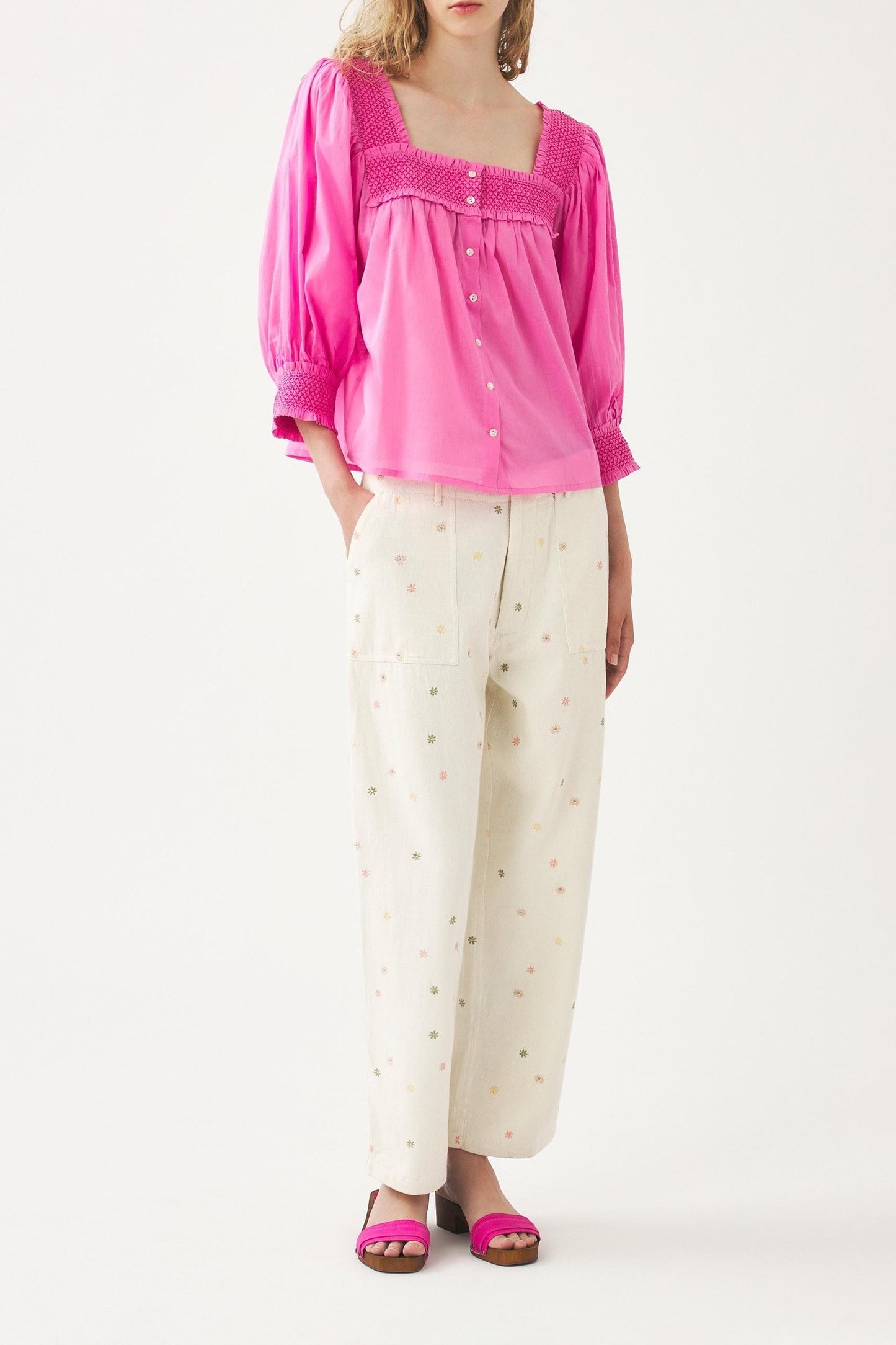 Squared-collar and smocked blouse Perrine