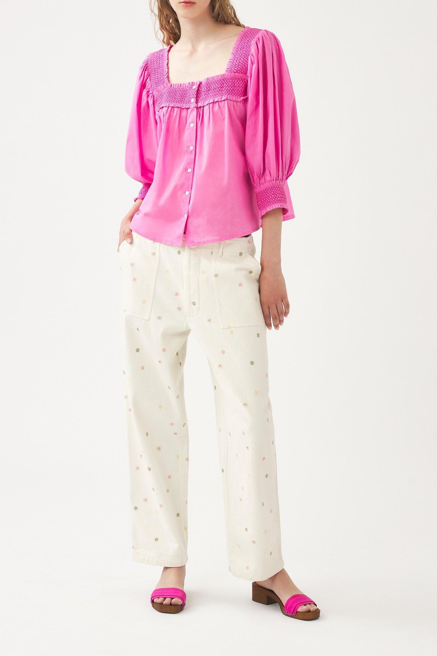 Squared-collar and smocked blouse Perrine