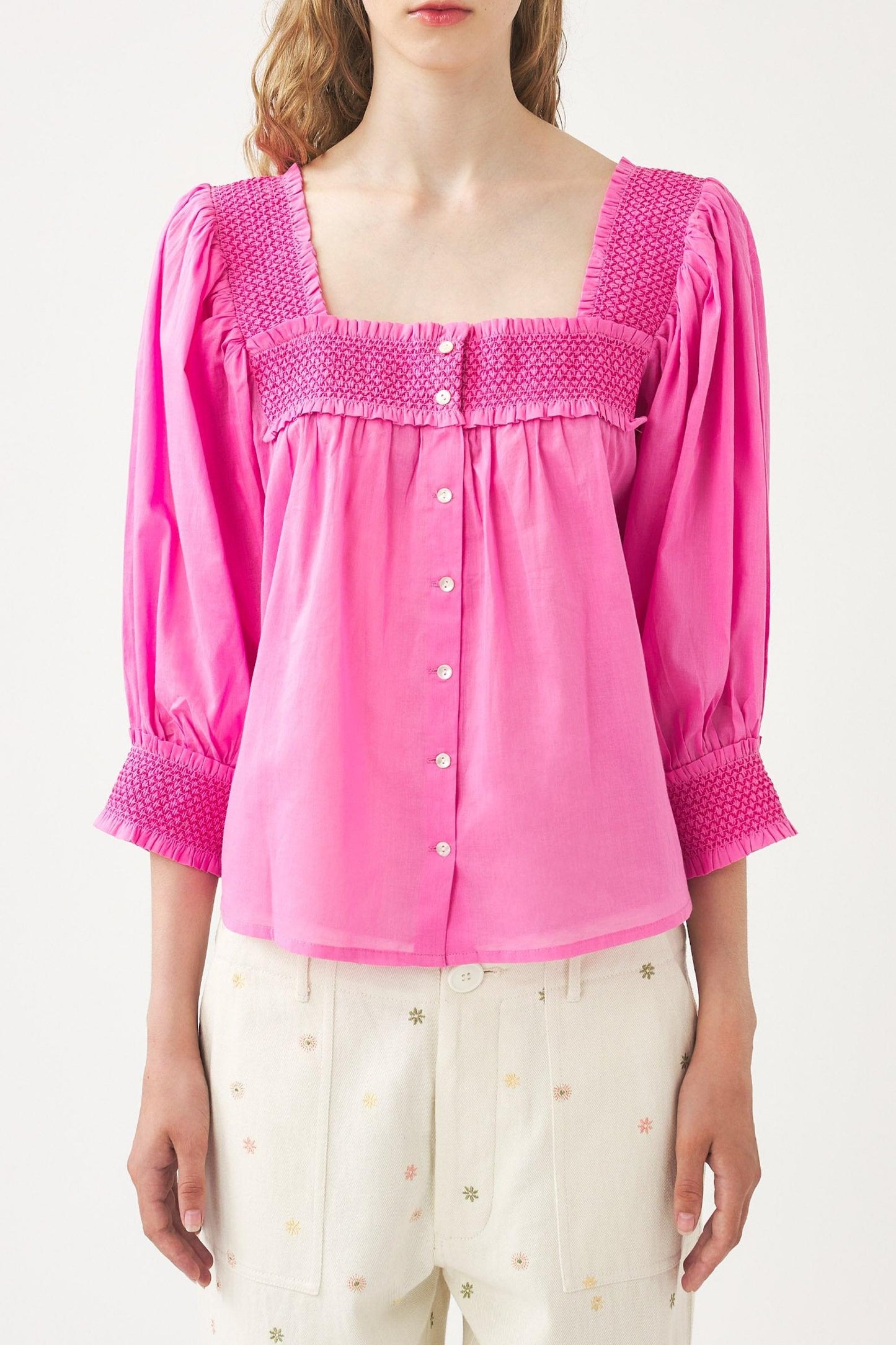Squared-collar and smocked blouse Perrine