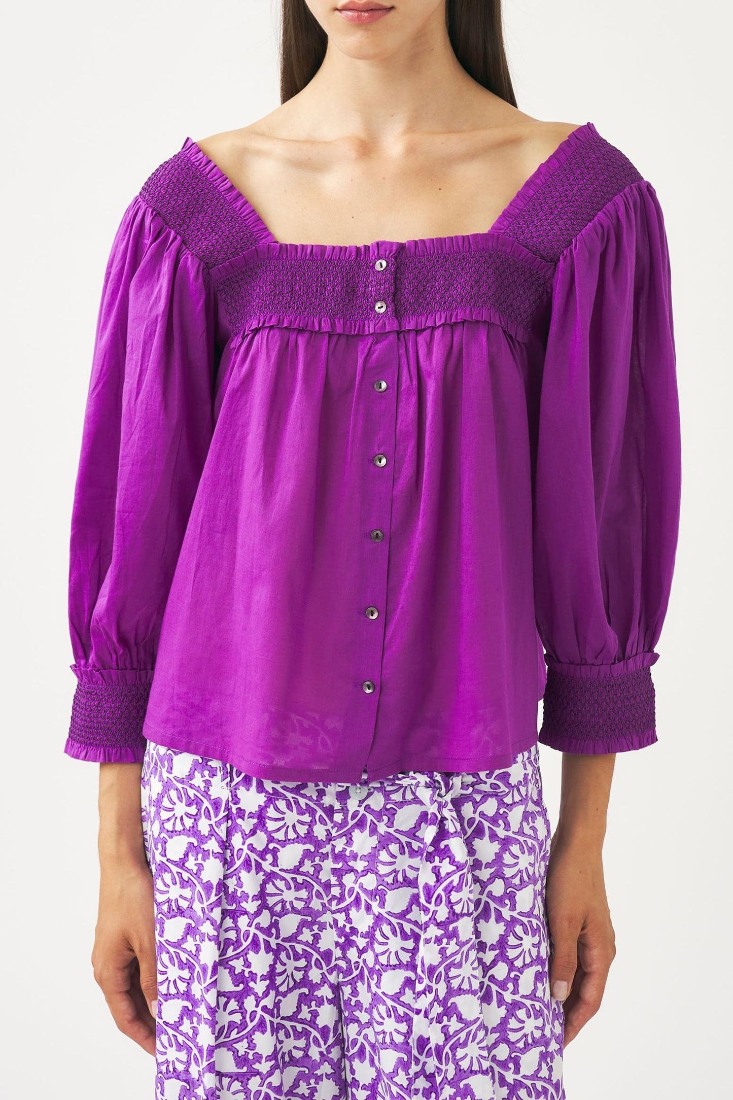 Squared-collar and smocked blouse Perrine