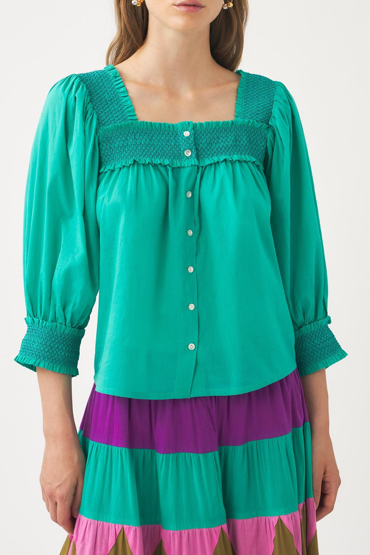 Squared-collar and smocked blouse Perrine