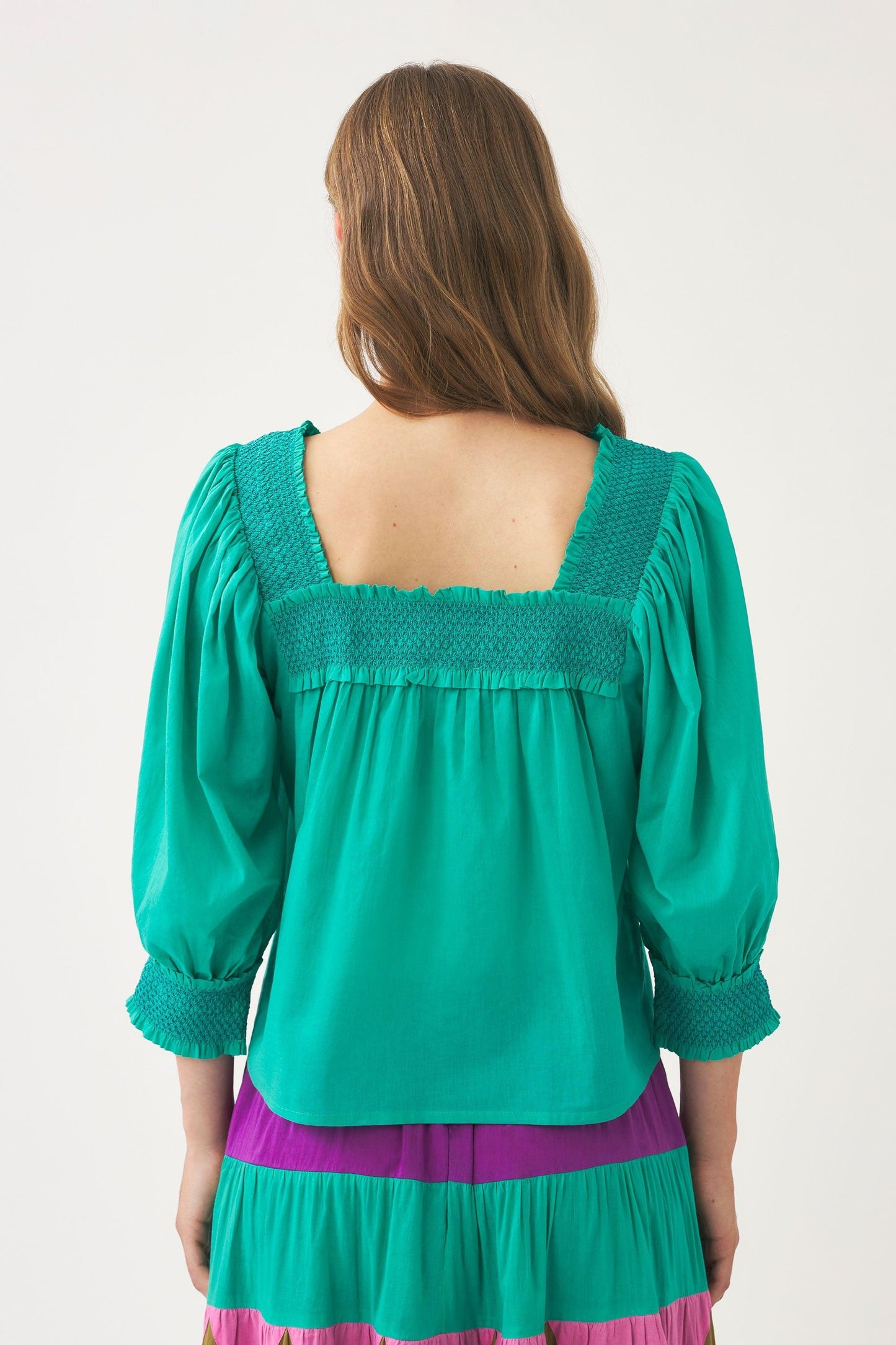 Squared-collar and smocked blouse Perrine