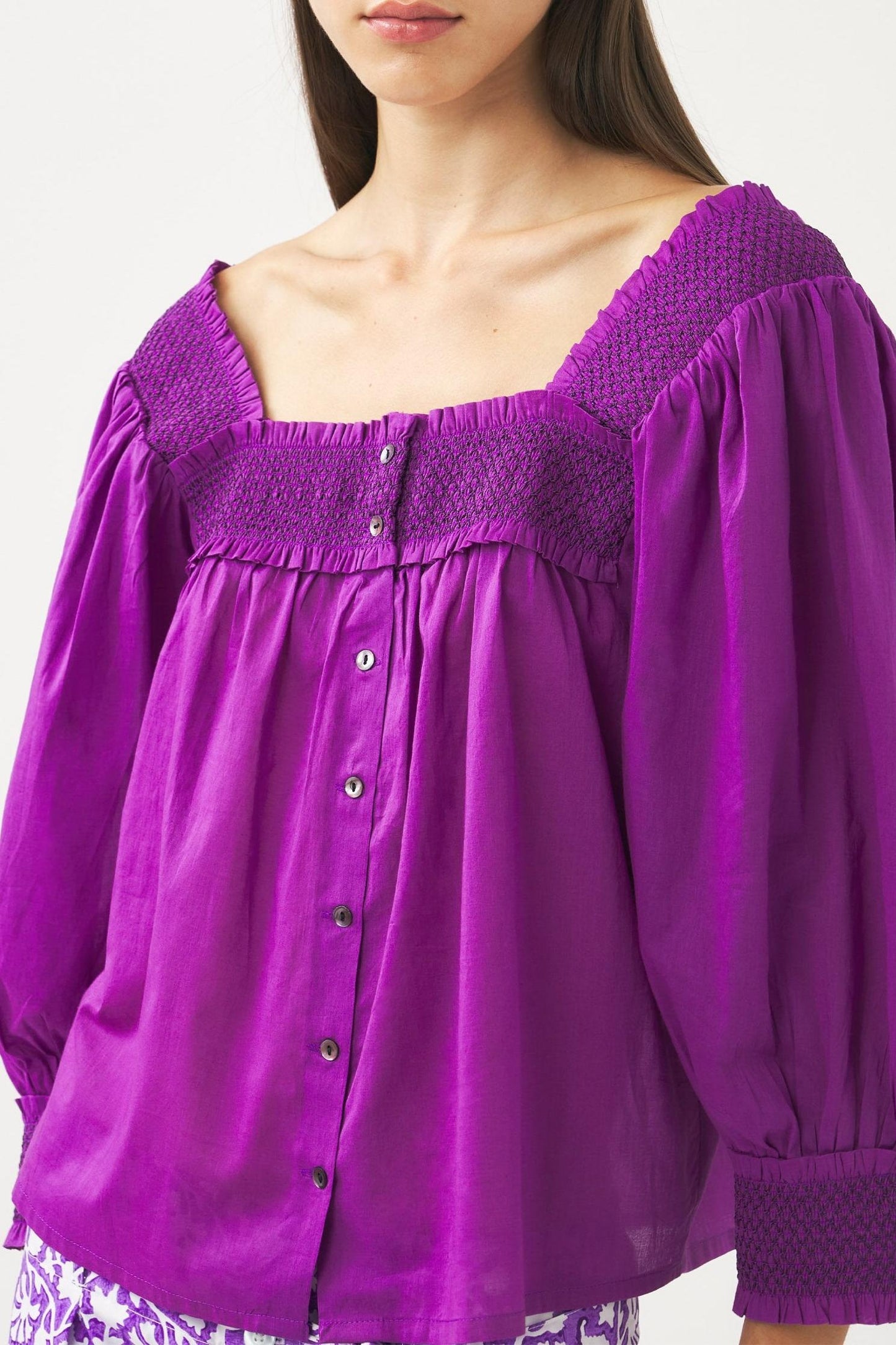 Squared-collar and smocked blouse Perrine