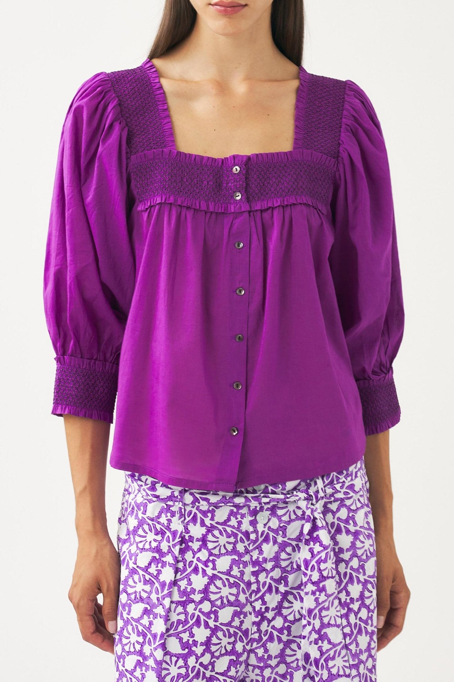 Squared-collar and smocked blouse Perrine