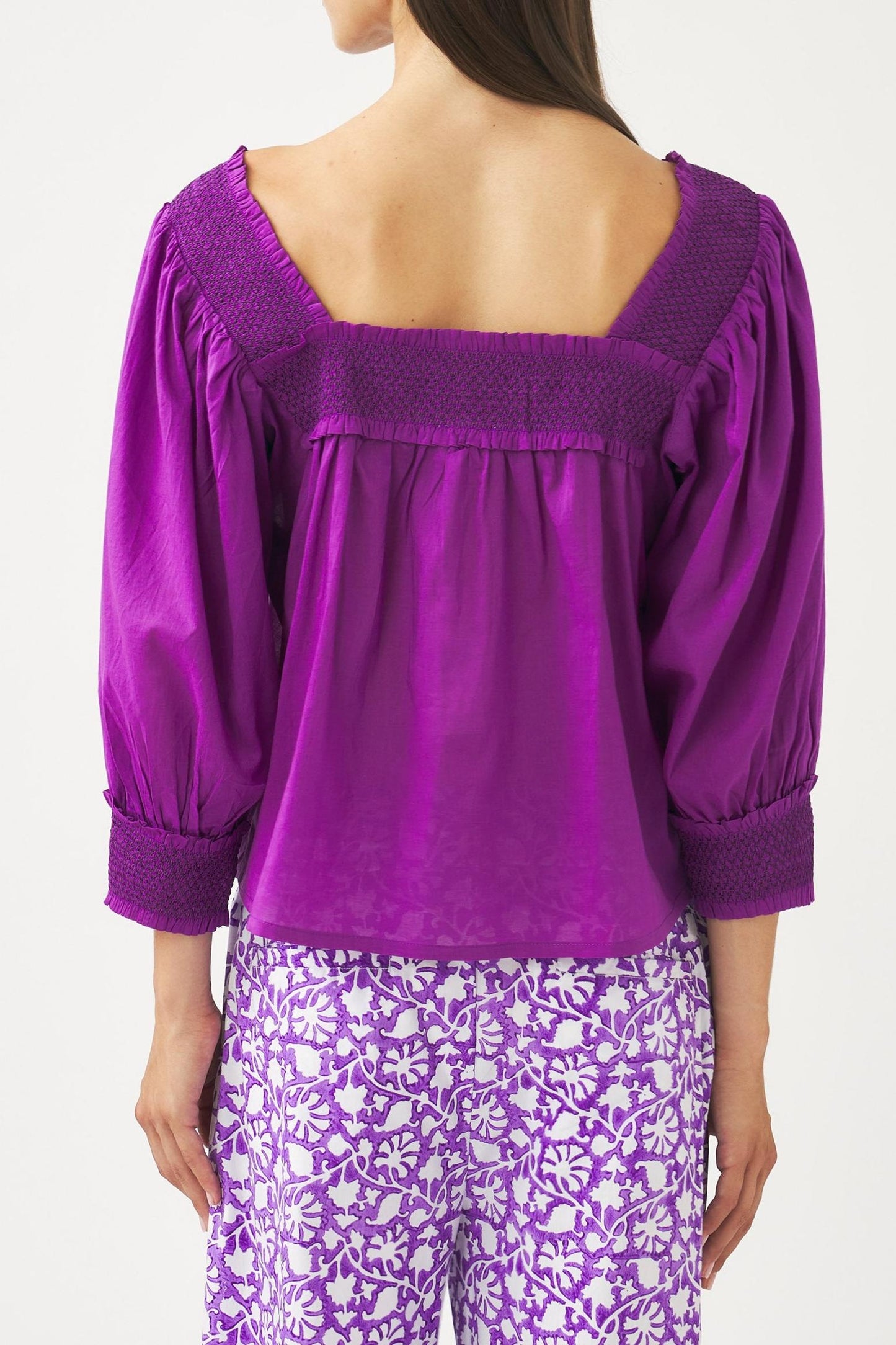 Squared-collar and smocked blouse Perrine