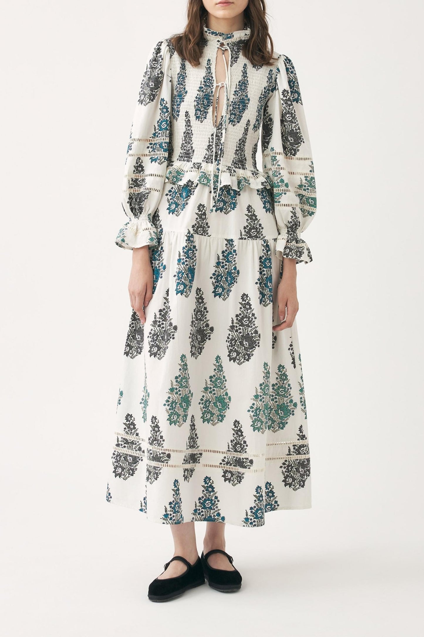 Smocked and hand-printed maxi dress Muguet