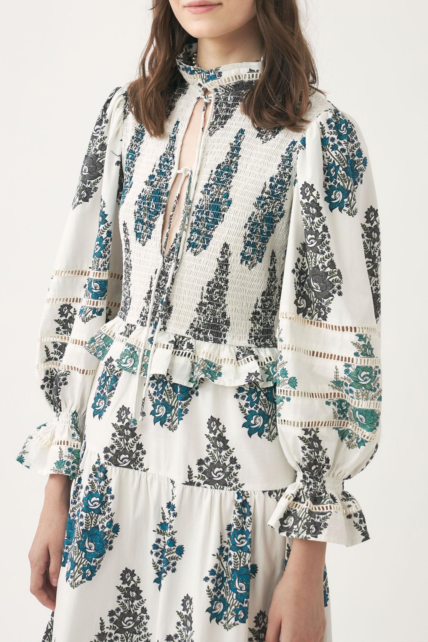 Smocked and hand-printed maxi dress Muguet