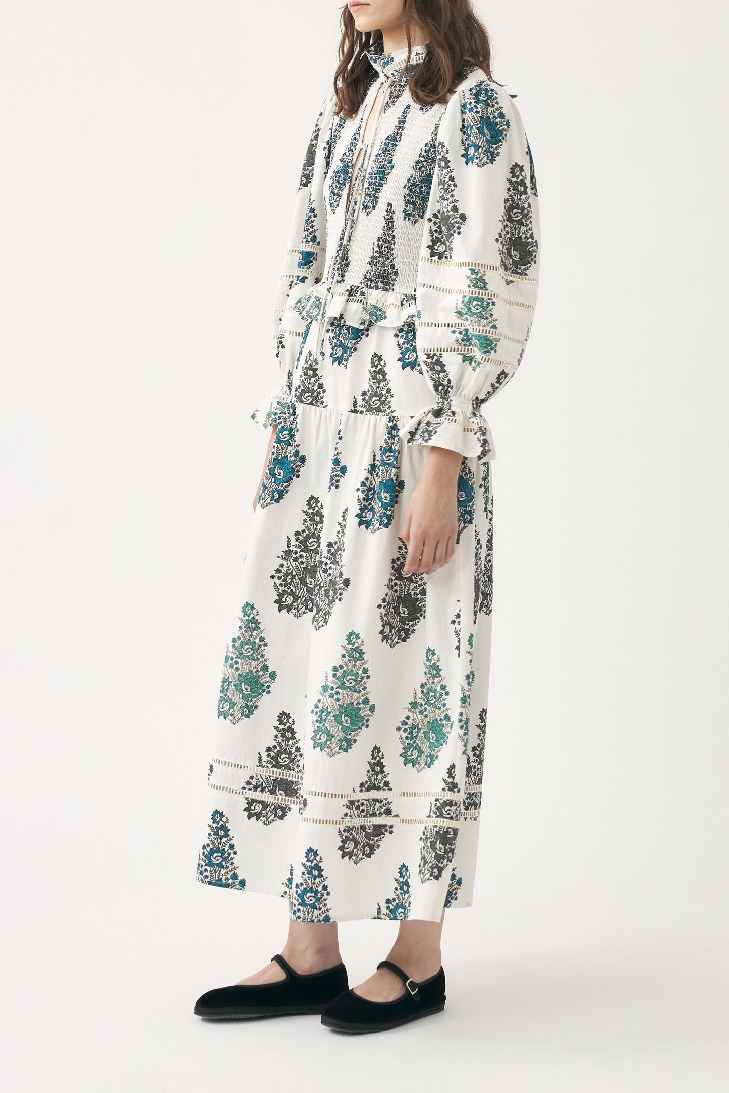 Smocked and hand-printed maxi dress Muguet