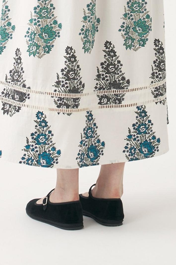 Smocked and hand-printed maxi dress Muguet