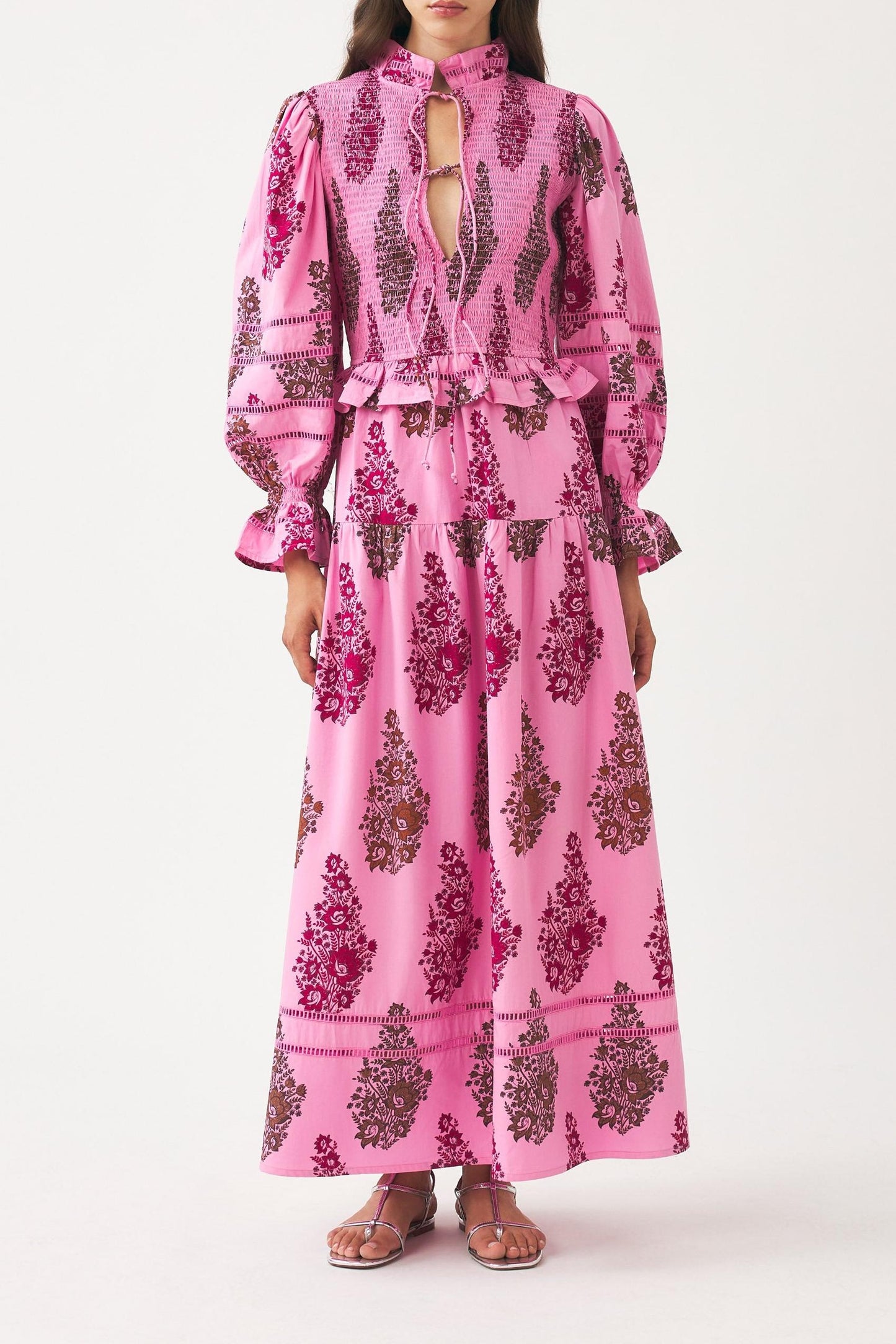 Smocked and hand-printed maxi dress Muguet
