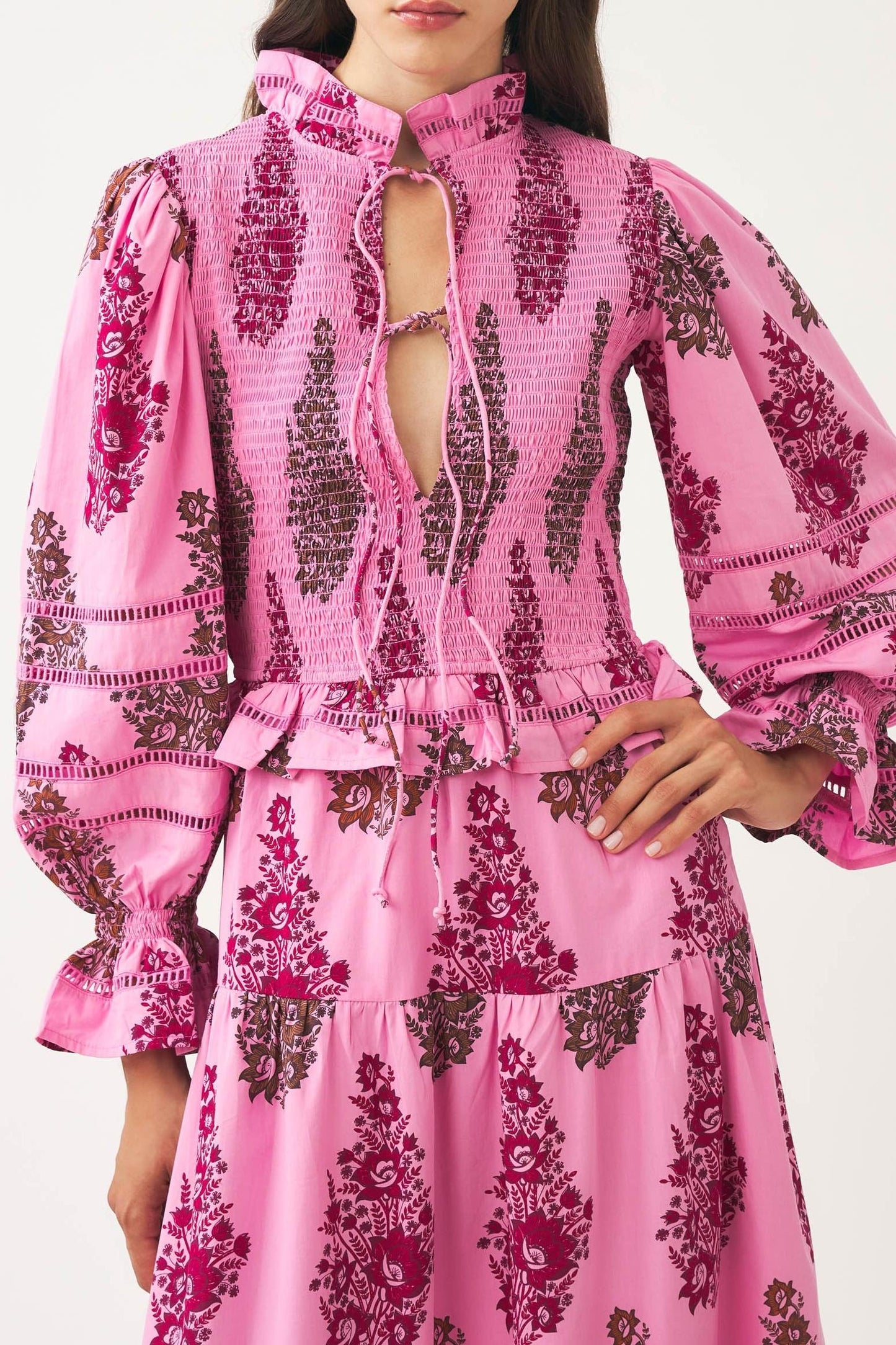 Smocked and hand-printed maxi dress Muguet