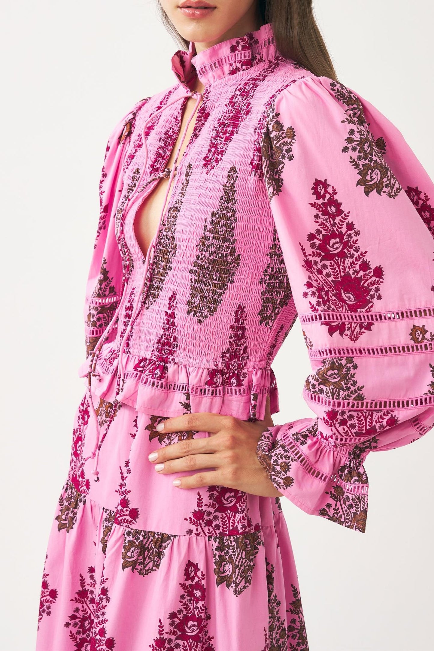 Smocked and hand-printed maxi dress Muguet
