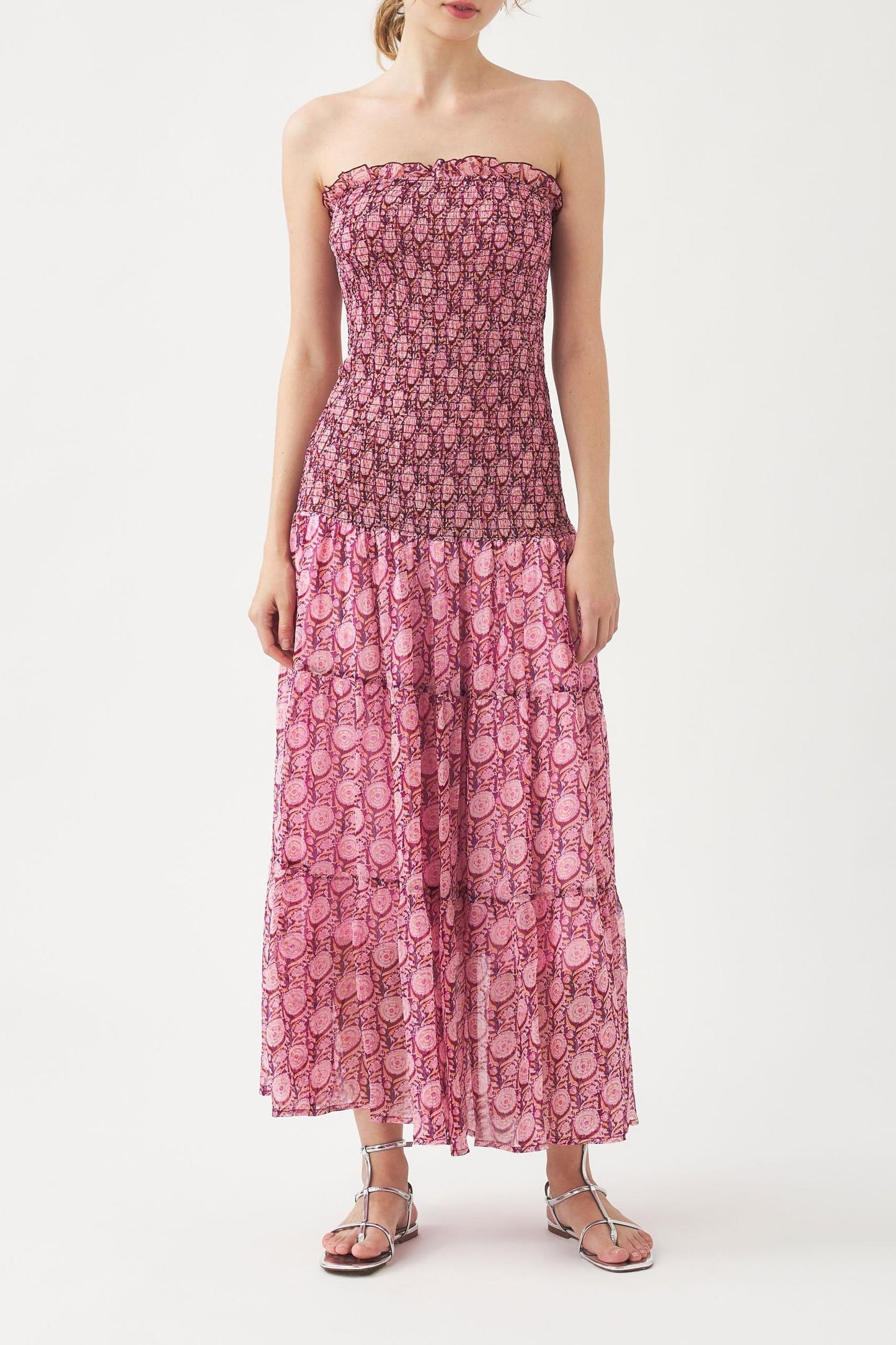 Smocked chiffon strapless dress Cassy