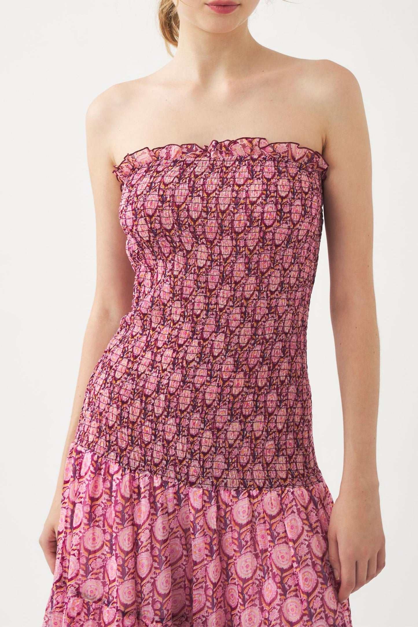 Smocked chiffon strapless dress Cassy