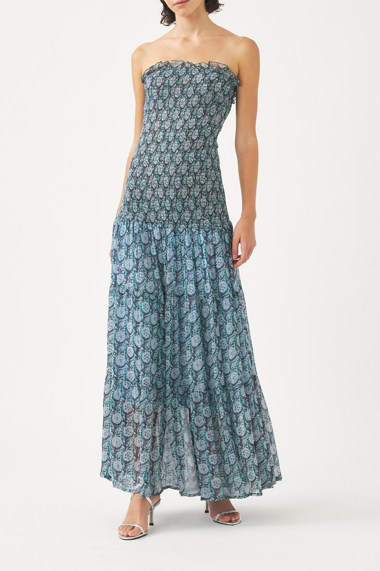 Smocked chiffon strapless dress Cassy