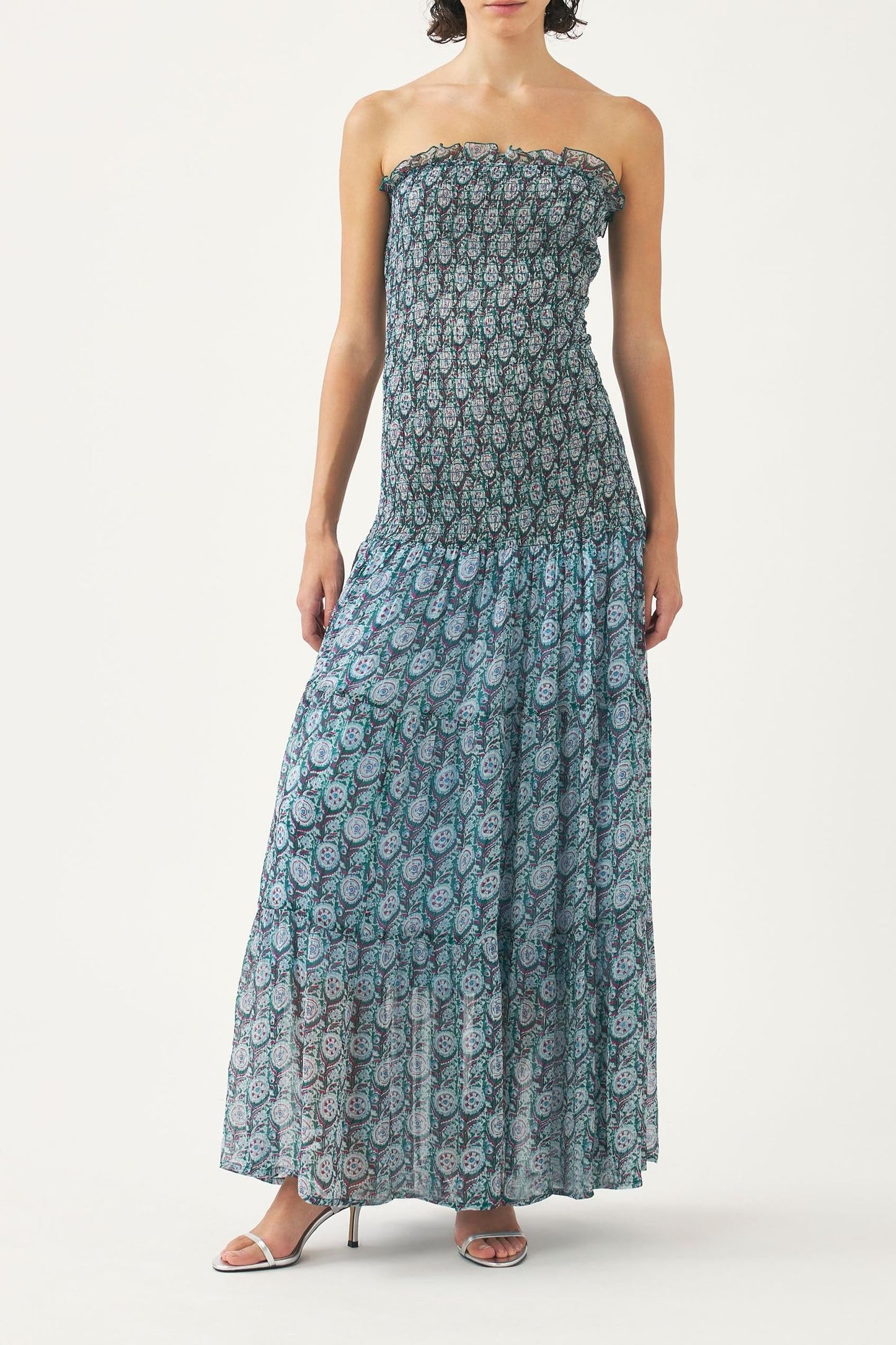 Smocked chiffon strapless dress Cassy